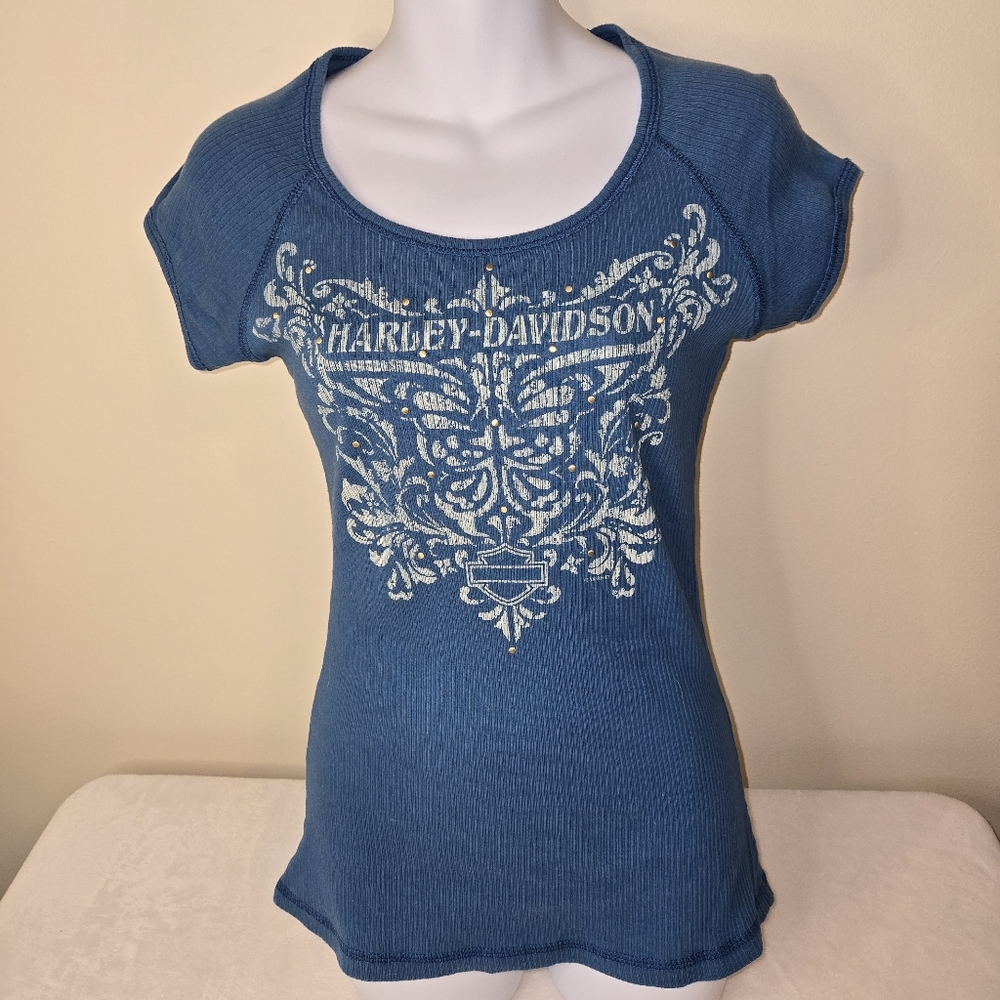 Harley-Davidson Fitted Blue Top with White and Gold Design